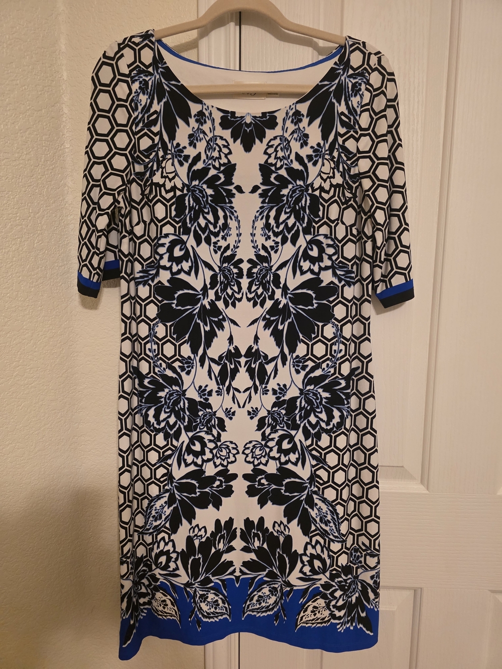 Eliza J Black and White Midi Dress with Blue Trim